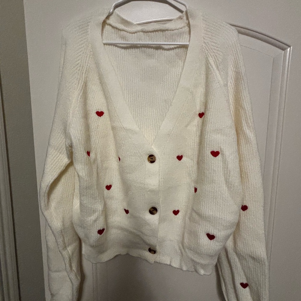 Cream Cardigan with Red Heart Accents